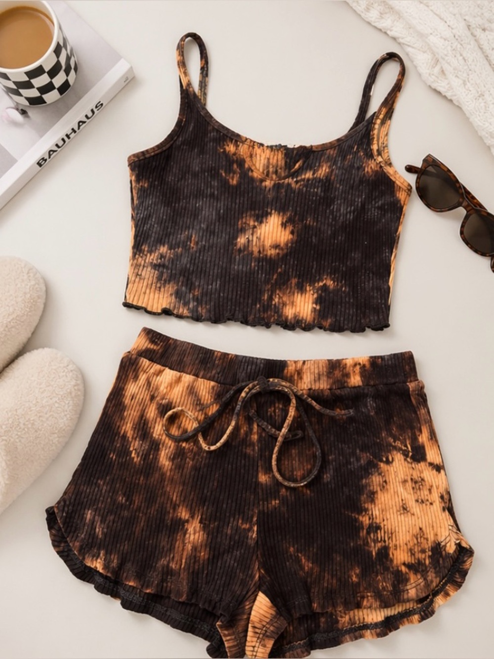 SHEIN Black and Rust Tie-Dye Ribbed Crop Tank & Shorts Set